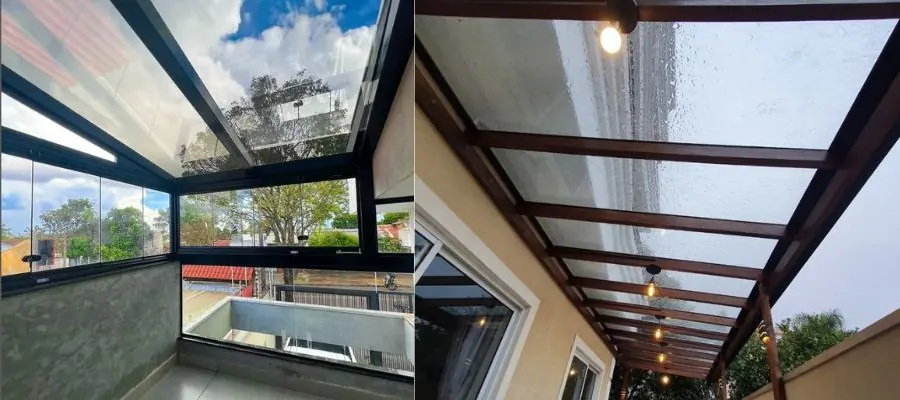 Coberturas de vidro em varanda e corredor residencial